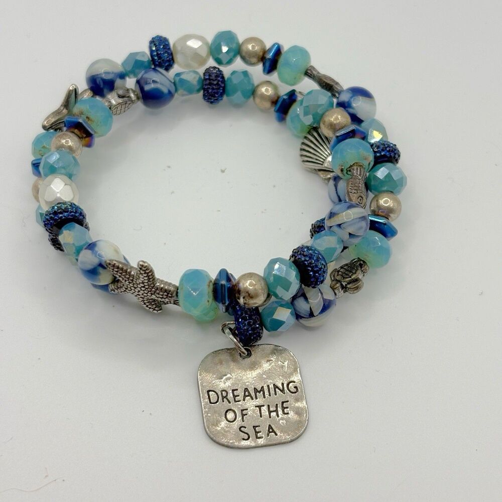Coastal Blue Beaded Wrap Bracelet with Fish Starfish & Shell Charms Memory Wire